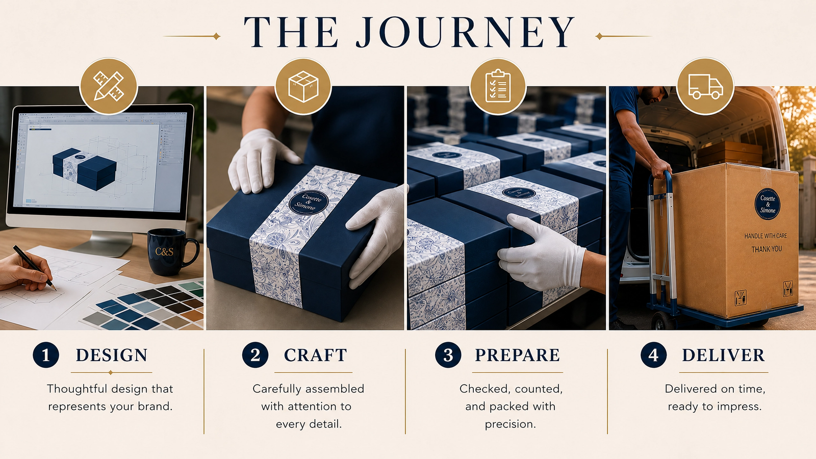 Custom Corporate Gift Boxes: The Process Explained The four-step Cosette & Simone corporate gifting process: Design, Craft, Prepare, and Deliver